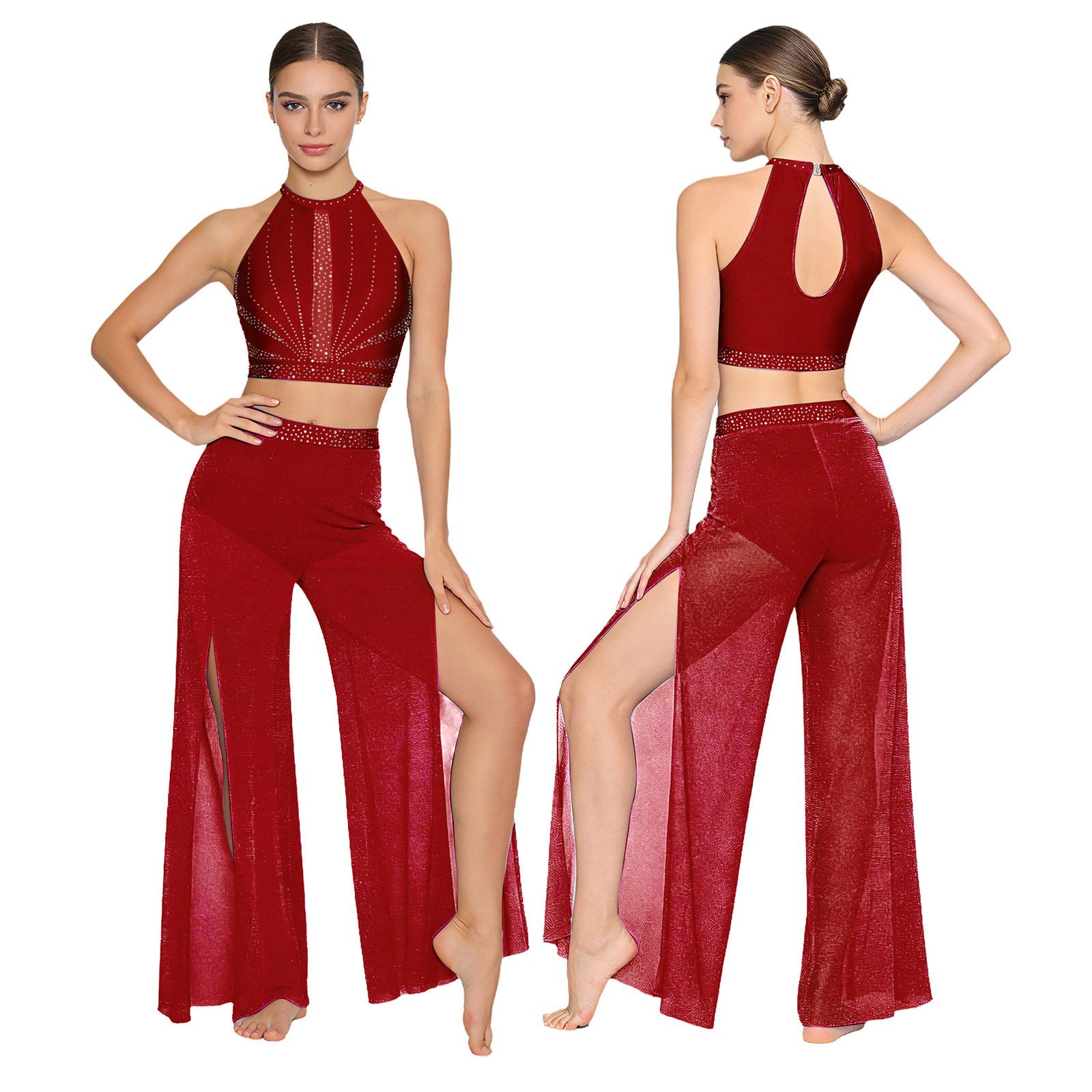 Set da Danza Lirica per Donna con Strass, Canotta con Schiena Svuotata e Pantaloni a Gamba Larga in Rete, Costumi per Danza Moderna Contemporanea XXL