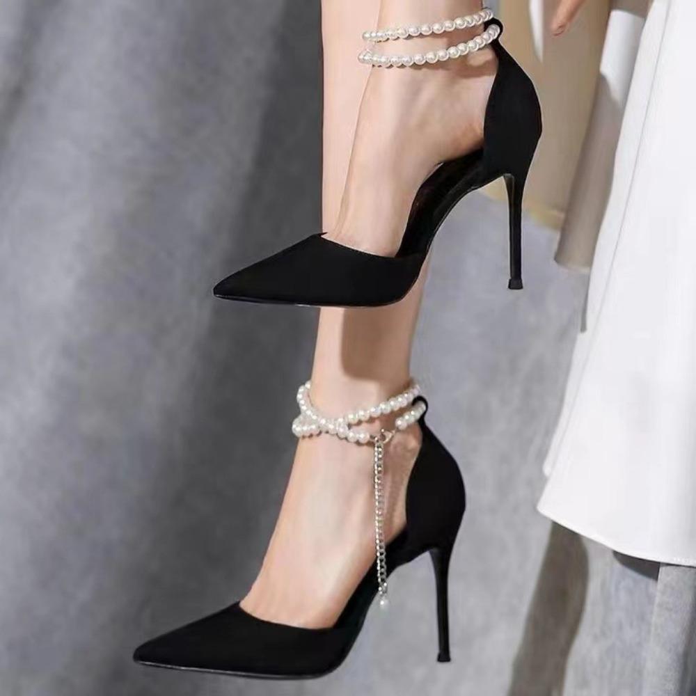 Sandals for Women's 2025 Summer New Bridesmaid Shoes Pearl Bow Black Thin Heel French Style High Heels Pointed Pumps for Women