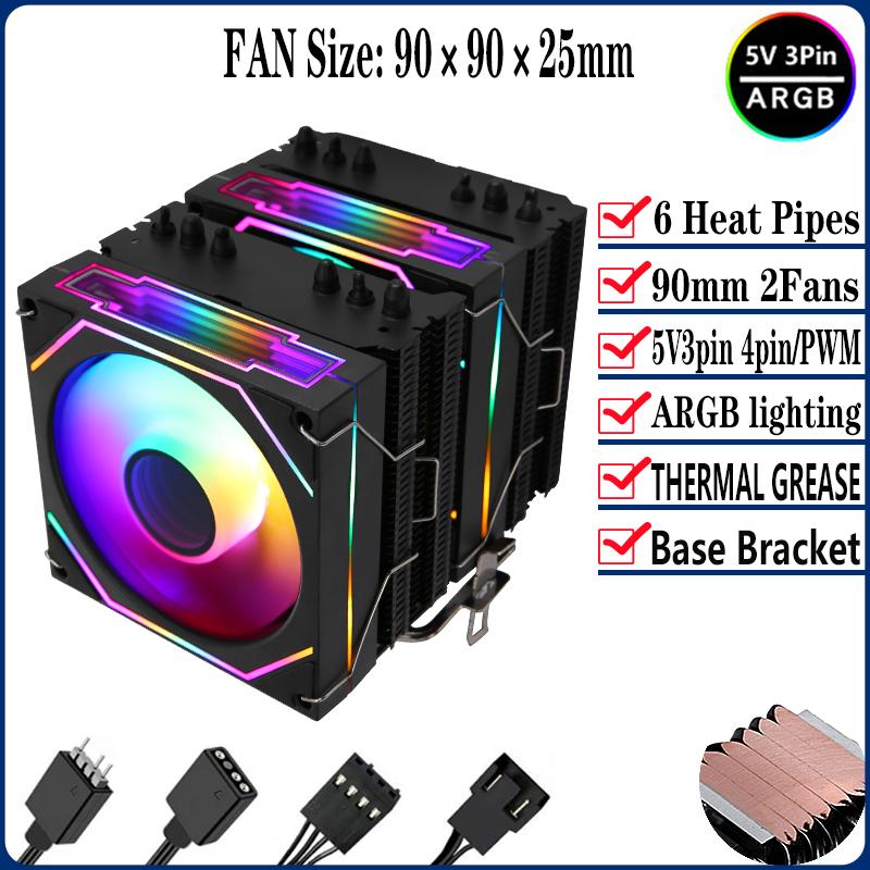 QiuzAim 6 Heat Pipe CPU Cooler Argb 90mm Fan White/Black Themed Radiator Twin Towers install LGA2011 x99 1200 115x 1700 AM4 AM5