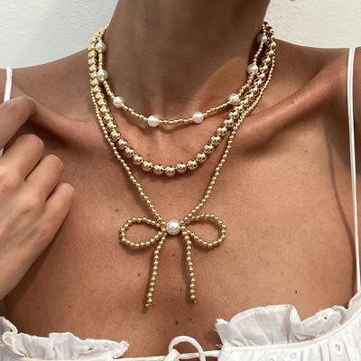 Fashion Ins Stacking Imitation Pearl Necklace Women, French Temperament Multi-layer Bow Beaded Necklace