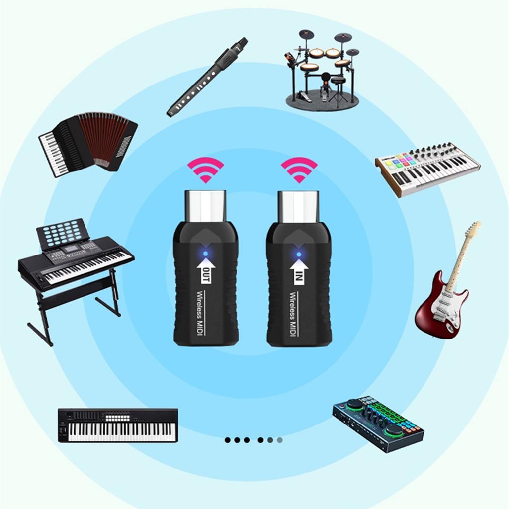 Wireless MIDI Adapter Rechargeable Audio Transmitter Receiver 2.4GHz Ultra-Low Latency Built-in Silent Portable MIDI Connector