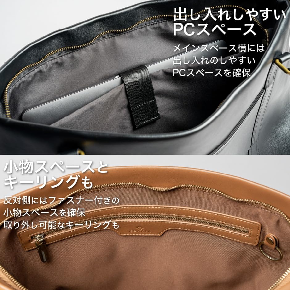 GRACIA Men's Genuine Cowhide Leather Tote Bag, 3-Way Business Bag, Standard Size, with Zipper, for Business Trips, Commuting, School, and Formal Use,