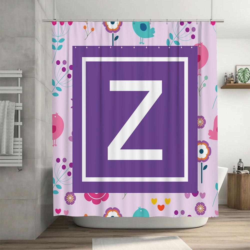 Modern Design Purple Floral Shower Curtain With Letter Z For Bathroom Decor Printed Fabric Waterproof Washable Home Decoration (