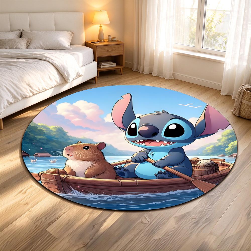 Round Rug Stitch Capybara Rowing Wooden Boat Lake Tropical Cartoon Anime Living Room Home Decor