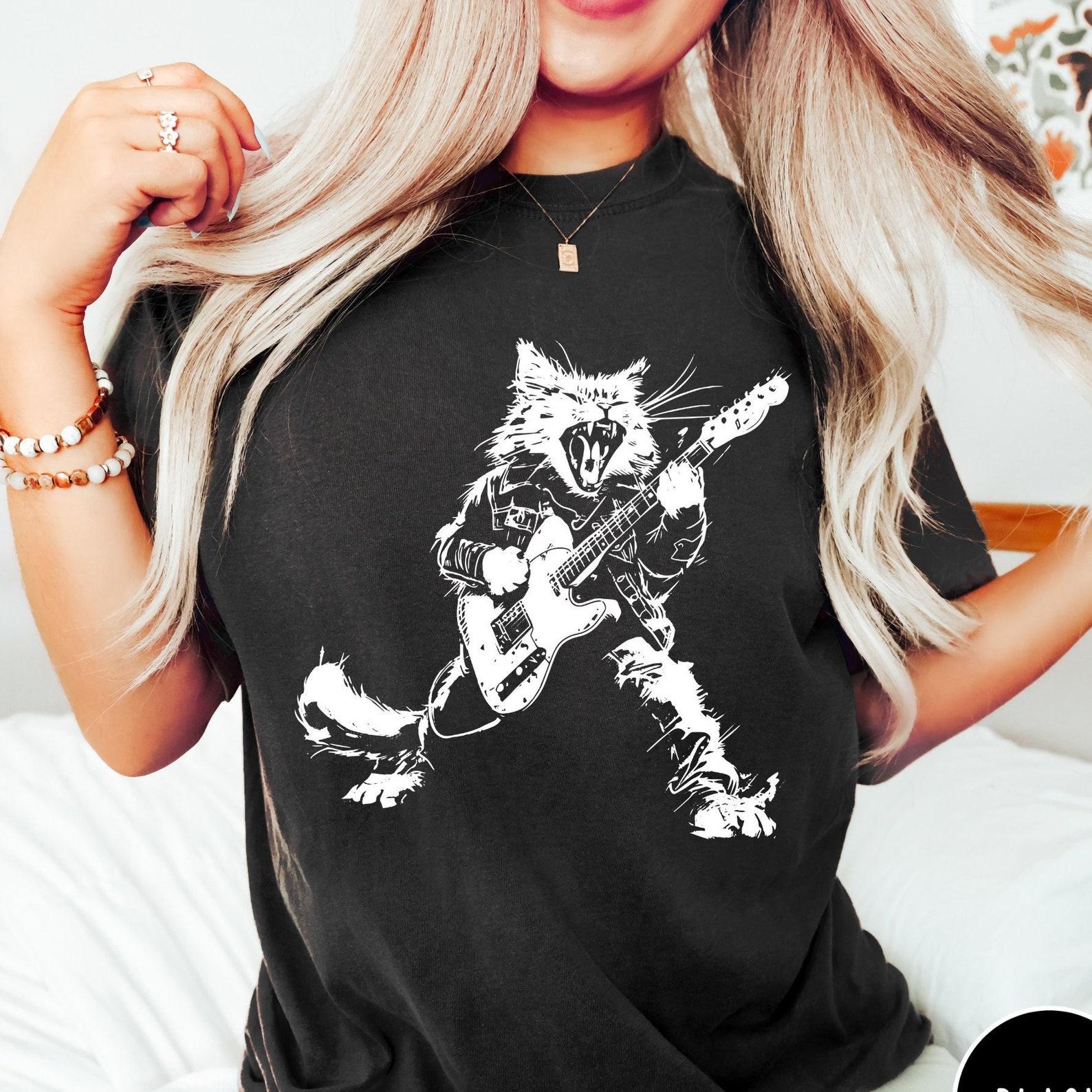 Rock Cat Playing Guitar Shirt, Vintage Funny CaT-Shirt, Retro Graphic T-Shirt, Unisex Comfort Colors T-Shirt, Cat Lover Gift, Rock Aesthetic 3XL