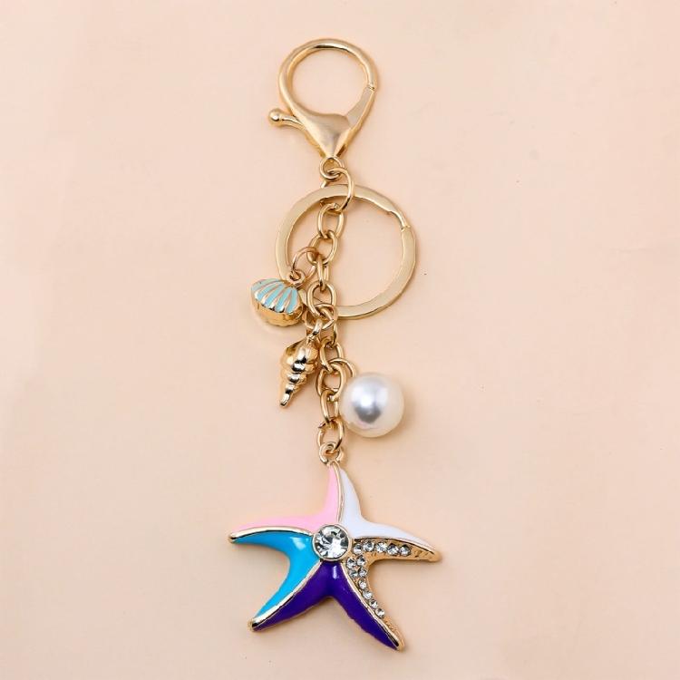 Sparkling Starfish Key Ring Zinc Metal Craftsmanship with Seashells Charm Keychain Pendant Beach Vacation Accessory