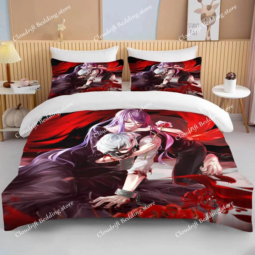 Neues Japan Tokyo Ghoul Bettwäscheset Kaneki Ken Anime Bettwäscheset Schwarz Weiß Bettbezugset Junge Heimtextil 3D Steppdecke Bettwäsche
