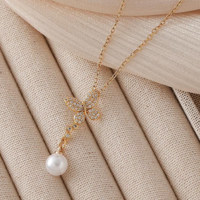 Butterfly Necklace for Women, Stainless Steel with Micro-Paved Zircon, Versatile Fashion Accessory.