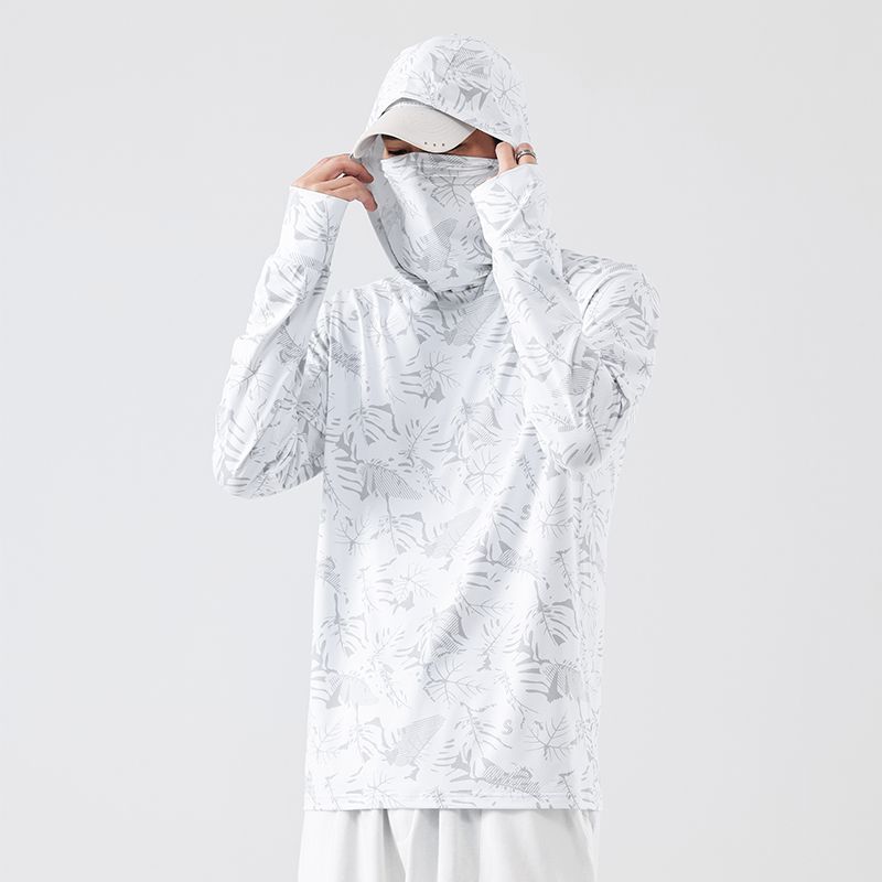 Sonnenschutz T-Shirts Herren Langarm UV-Schutz T-Shirts Angeln Wandern Sommer Maske Leichte Outdoor-Schutz Kapuzenpullover T-Shirt Sonnenschutzjacke M weiß