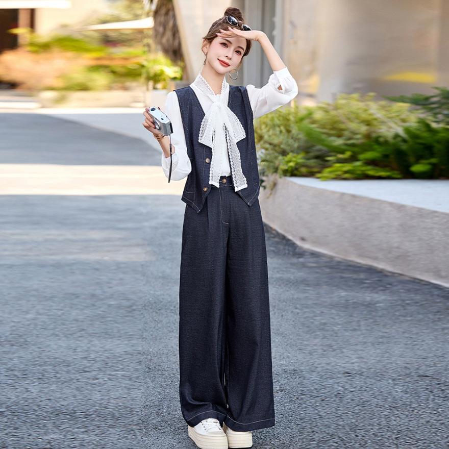 Fashion professional temperament vest denim suit women's spring new Korean version loose and thin wide-leg pants three-piece set