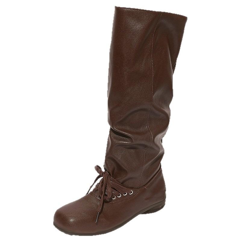 Cowhide version thick-soled thick-heeled inner heightened stacking boots women's new square-head trouser boots western knight boots