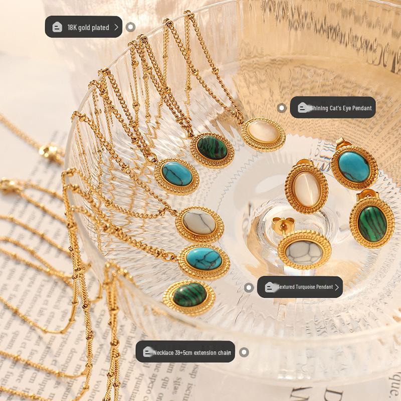 Böhmisches Retro Türkis Katzenaugen Halskette & Ohrringe Set