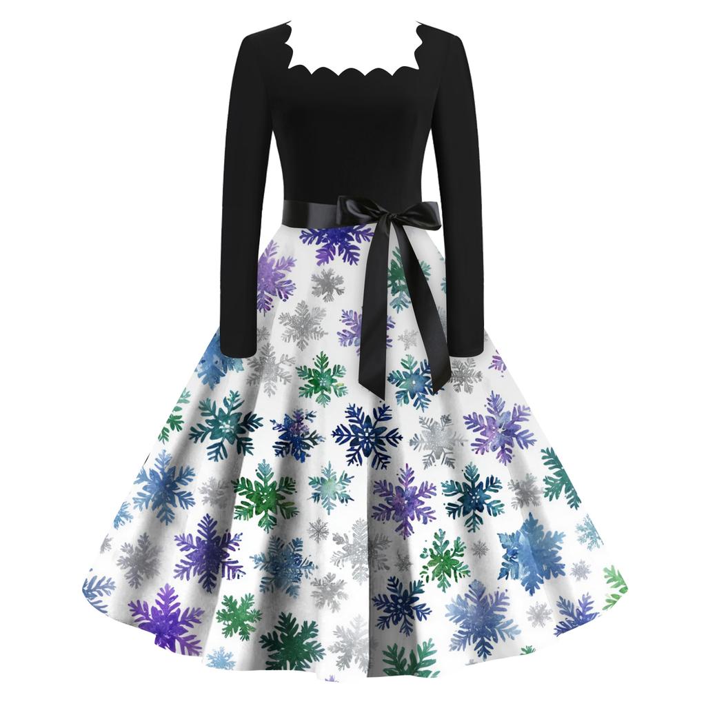 Women's Fashion Retro Long-sleeved Square Collar Christmas Printed Evening Dress