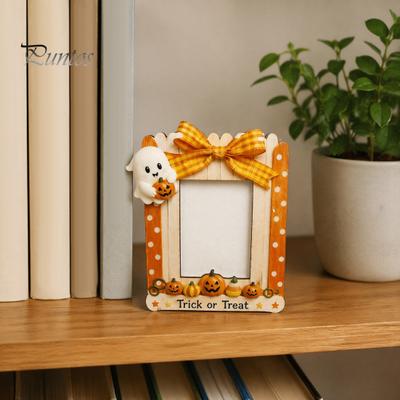 Halloween Party Favor Wooden Photo Frame, Cute Ghost Butterfly Cat Tabletop Decor Holiday Gift for Girls with Stand, Sweet Kawaii Pumpkin Picture