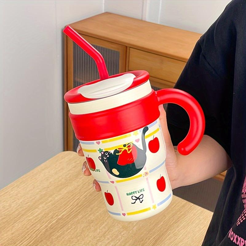 700ML Car Cup Cute Cat Thermos Cup SUS316 Outdoor Travel Portable Large Capacity Ice Cup with Handle Straw as a Birthday Gift