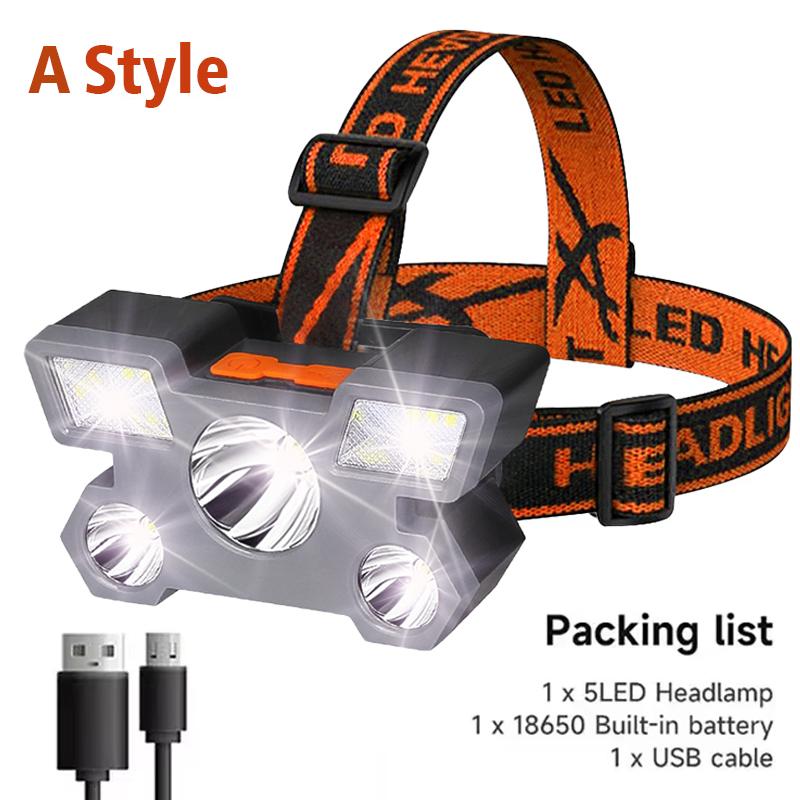 

Мощный светодиодный налобный фонарь, 5 светодиодов, супер яркий, перезаряжаемый, для рыбалки и кемпинга, дальнобойный налобный фонарь для горнодобывающей промышленности, фонарик