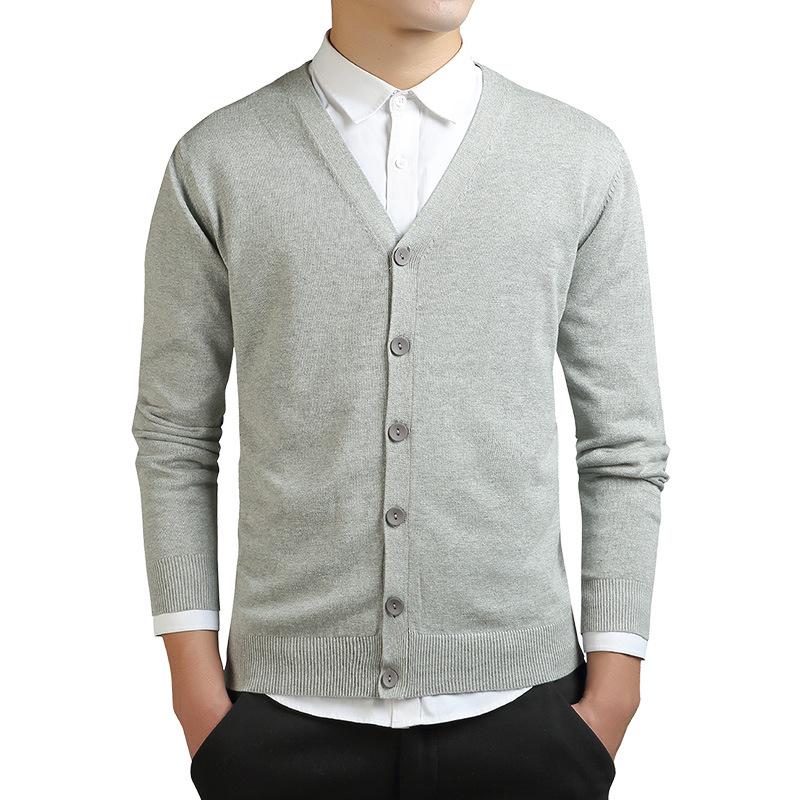 Men's Solid Color Knit V-Neck Cardigan Sweater - Spring/Autumn Business Outerwear