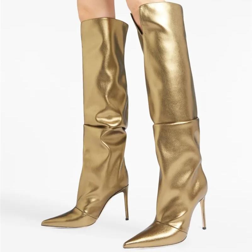 

Women Knee High Long Boots Pointed Toe Thin High Heels Pleated Metallic Boots Ladies Fashion Shoes Autumn Winter Gold 43