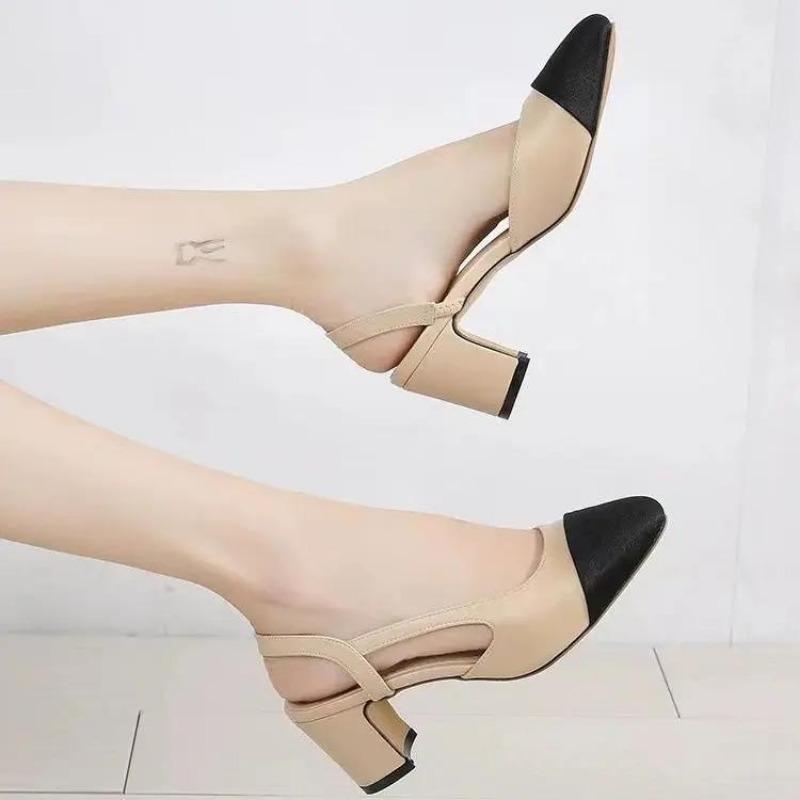 

Новые летние французские лакированные босоножки на среднем каблуке для женщин в стиле ретро с узким каблуком сзади, пустые туфли 2025 г. 35 бежевый