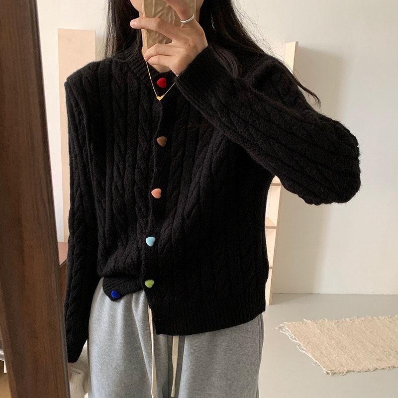 2025 Korean version autumn new solid color round neck knitted cardigan colored love buckle soft waxy loose sweater women's top