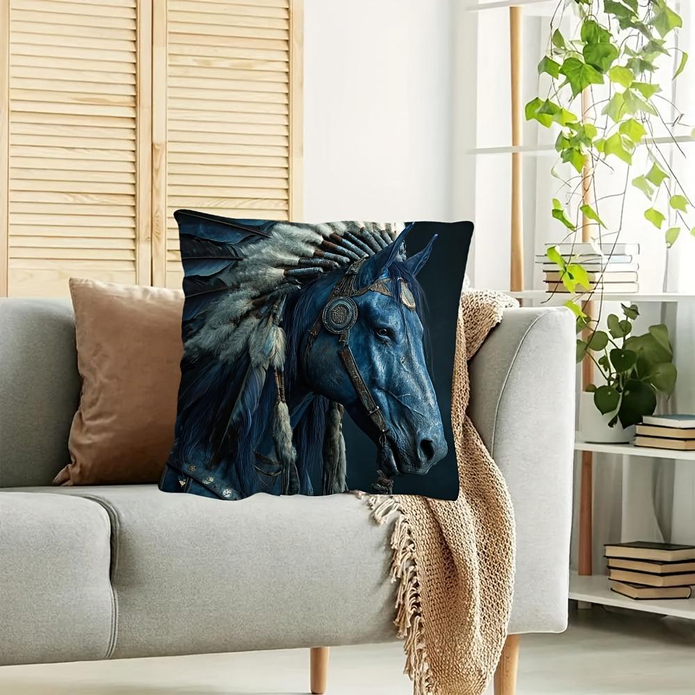 1Pc Of Short Plush Decorative Pillow Cover Featuring An Apache War Horse Design In Blue, With Single-Sided Printing. It Measures