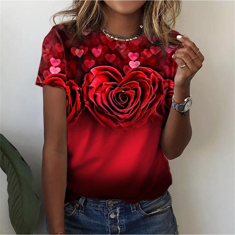 T-Shirt mit Blumenmuster für Damen, Blumen 3D-Druck T-Shirts, Sommer Casual Rundhals Tops, Kurzarm, Oversized Tees