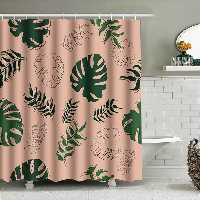 Modern Floral Shower Curtain Decor Green Leaves Pink Background Waterproof Bath Accessories Set For Home Decoration In Bathroom