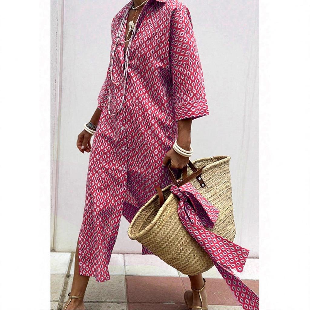 A New Women's Five-sleeved Striped Cardigan with A Lapel Shirt Dress