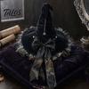 Halloween Witch Hat for Women, Velvet Wizard Hat with Ruffle Brim And Bow for Halloween Party, Masquerade, Cosplay Costume Accessory
