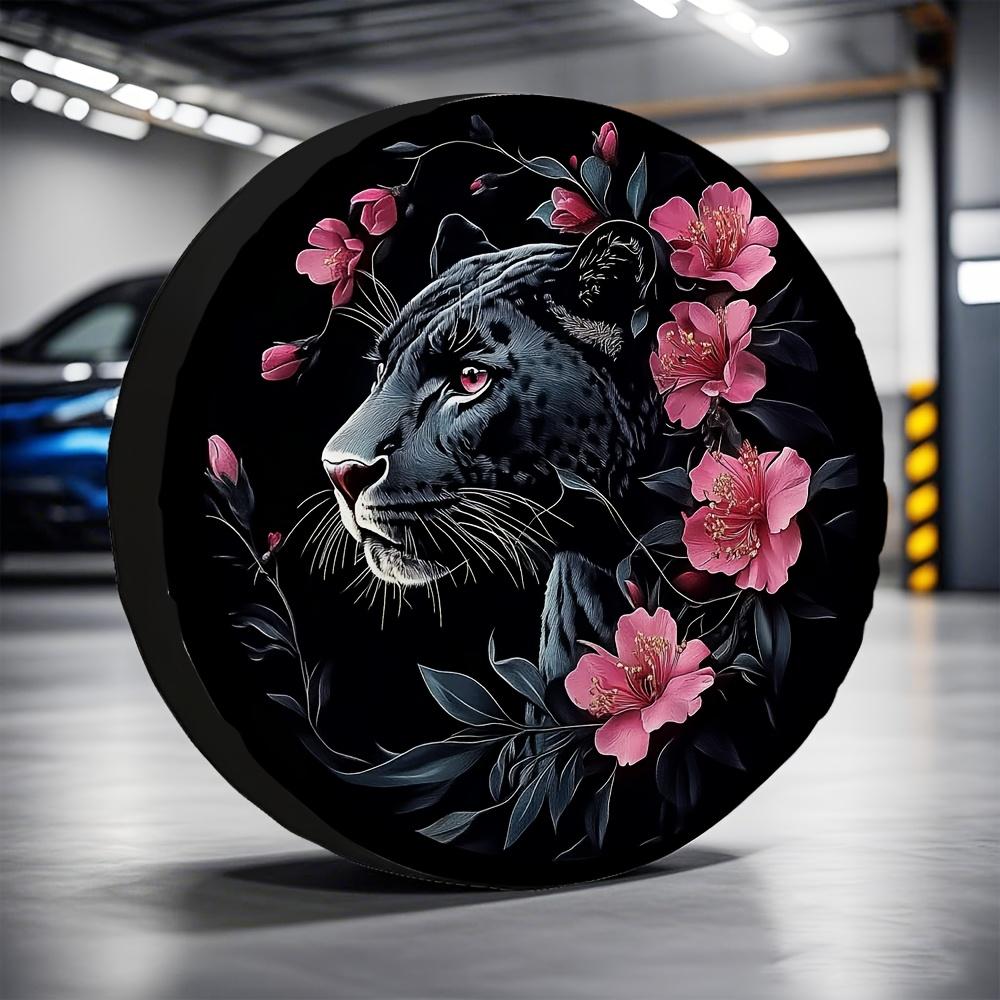 Black Panther Floral Tire Cover Durable Polyester Spare Wheel Cover for Vehicles