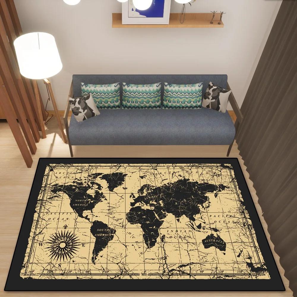 World Map Rug European and American Retro Dirty Resistant Easy Cleaning Flannel Carpet Living Room Bedroom Mat Home Decor New