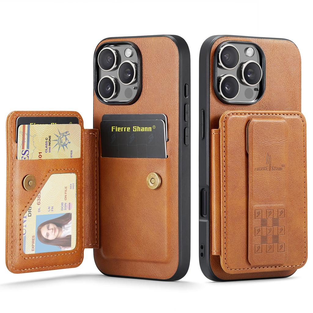 FIERRE SHANN 024 Style For iPhone 16 Pro Case Card Holder Kickstand Waxy Texture Leather+TPU Phone Cover