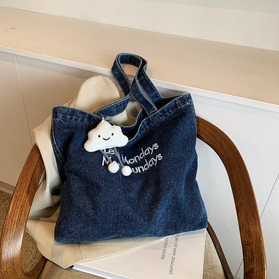Vintage Amerikanische Denim-Canvas-Tasche, Große Kapazität Bestickte Umhängetasche, Vielseitige Handtasche für Schüler, Unterricht, Pendeln