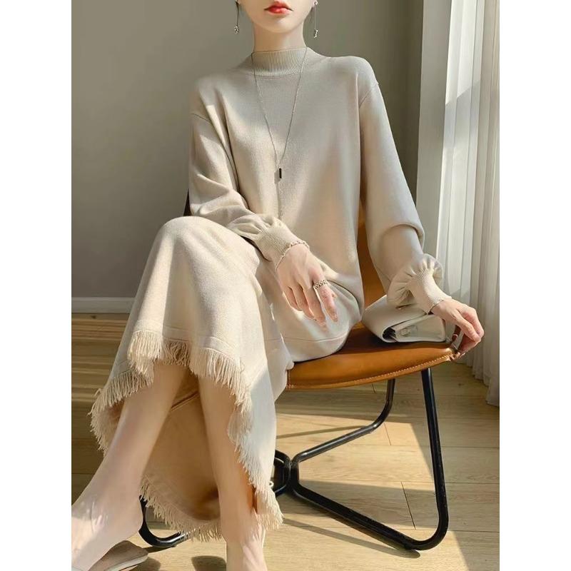 Autumn and winter new fashion knitted inner dress women's fringed semi-turtleneck sweater bottoming long dress tide
