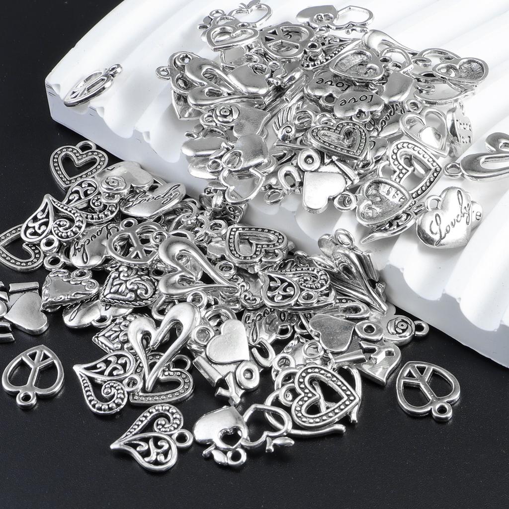 50pcs Antique Silver Love Heart Charm Alloy Tibetan Style Random Mixed Heart Charm Valentine's Day Jewelry Heart Charm Pendant
