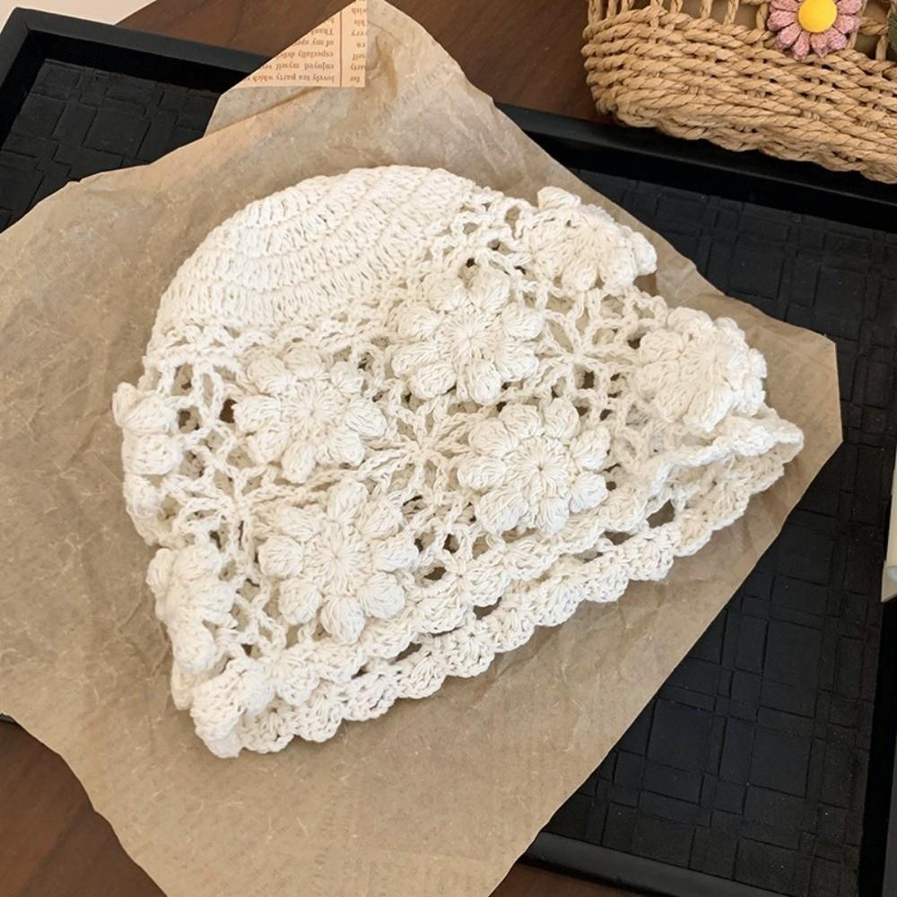Weave Knit Basin Caps Hollow Beanies Cap Korean Crochet Flower Hat  Streetwear
