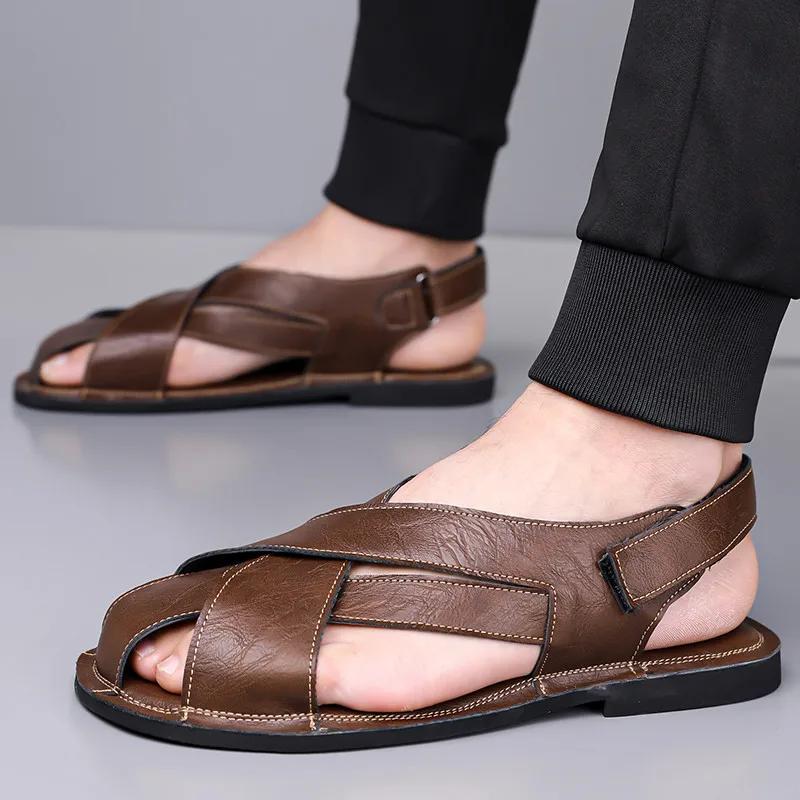 Large Size 48 Leather Sandals Men Classic Black Men's Roman Sandals Comfortable Flat  Summer Sandals for Men Sandalias De Hombre