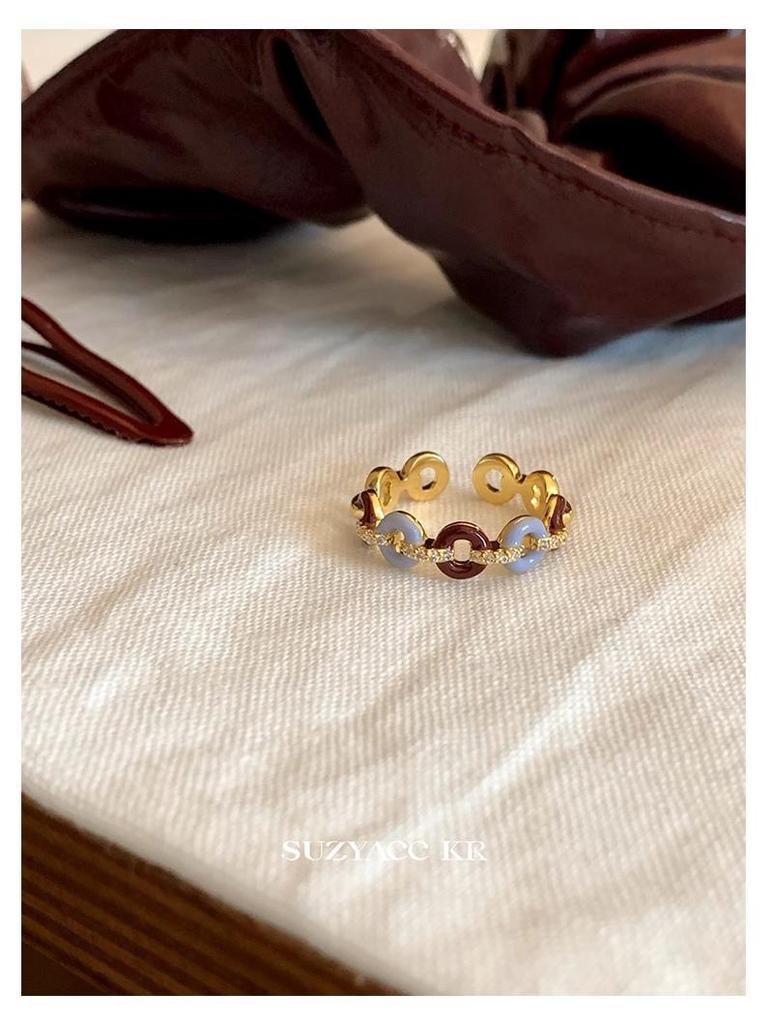 Suzyacc KR Vintage Rhinestone Drip Glaze Circle Ring - Women's High-End Niche Design Statement Piece