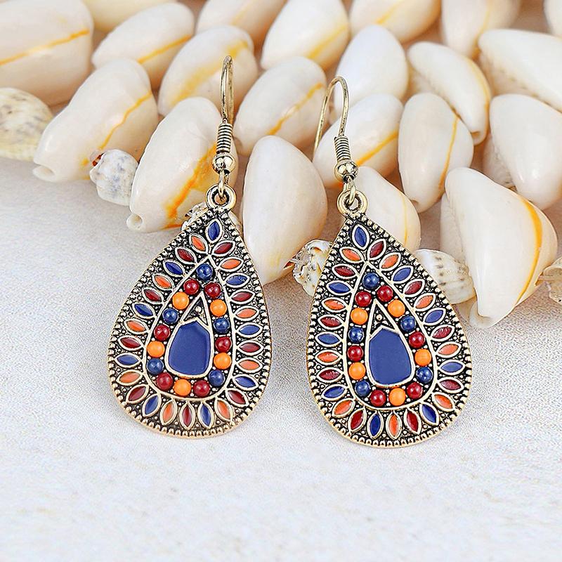 Ethnic Boho Colorful Enamel Earrings For Women Bomemian Retro Hollow Flower Round Geometric Vintage Drop Dangle Earrings Jewelry