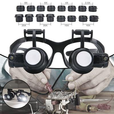 16 adet büyütme Lens kafa aşınma çift gözlük tipi LED ışıklı takı izle tamir yüksek büyütme büyüteç