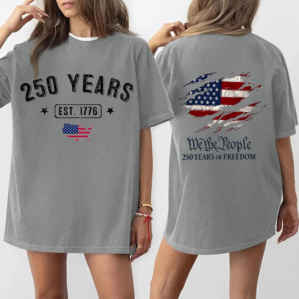 Women's Casual Independence Day 250 Anniversary Printed T-shirt Round Neck Pullover Short Sleeve Top