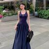 Seaside vacation style solid color pleated backless U-neck vest dress women's summer temperament waist big swing dress