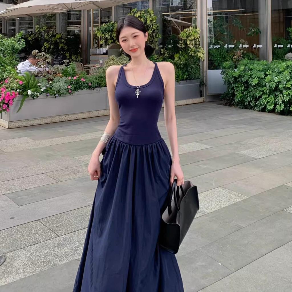 Seaside vacation style solid color pleated backless U-neck vest dress women's summer temperament waist big swing dress