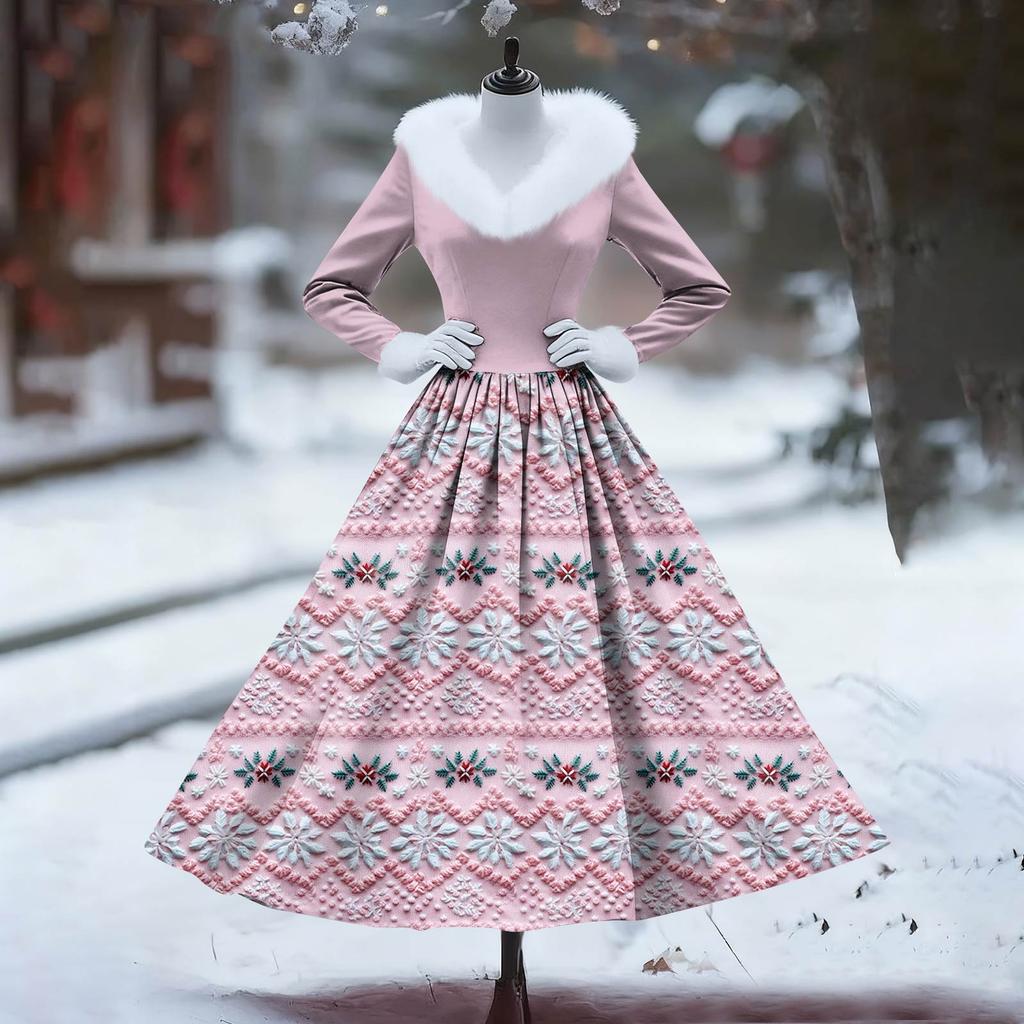 Women's Casual Dress Long-Sleeve V-Neck Patchwork Fleece Christmas Print Dress