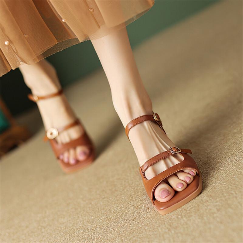 Fashion 2025 New Summer Sandals Women Square Toe Shoes Chunky Heel Open Toe Retro Sandals for Women Handmade Split Leather Women Sandals