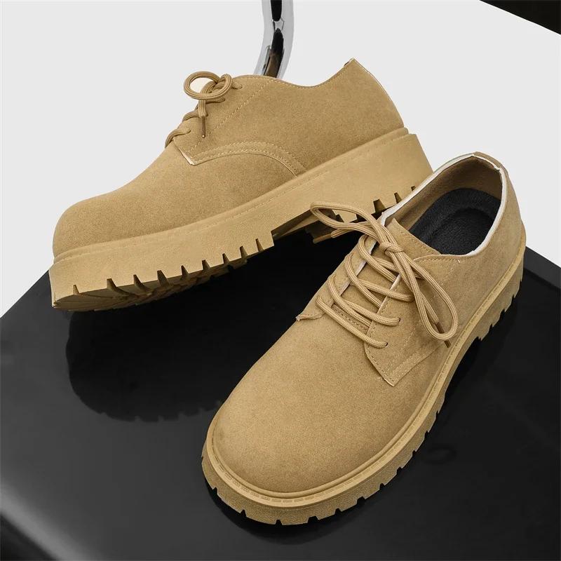 Big Round Toe Men's Casual Shoes High Quality Brown Nubuck Leather Thick Bottom Fashion Show Men Leather Anti-slip Shoes 39-46