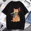 Japanese Harajuku Samurai Sword Cat T-Shirt Men Women Casual Tee Clothes Polyester Summer Tops Breathable Oversized T-Shirts Couple