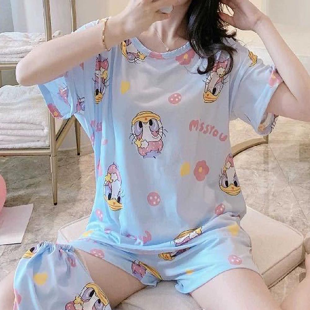2pcs Cartoon Printed Pajamas Suit Women Summer Short Sleeve T Shirt and Shorts