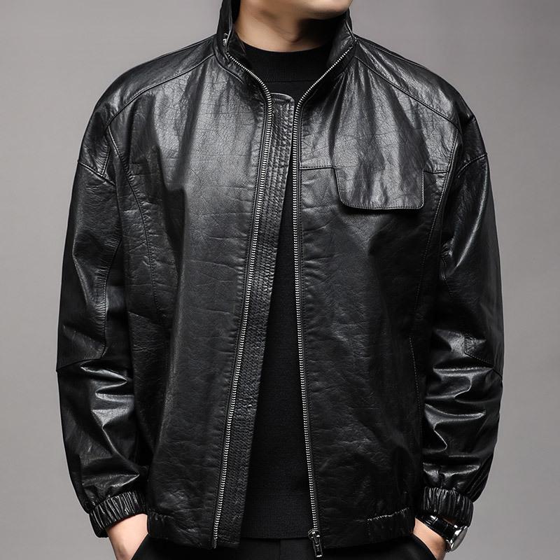 

Кожаная кожаная куртка мужская повседневная первый слой коровья кожа масляная восковая стойка воротник свободная кожаная куртка осень 4XL чёрный