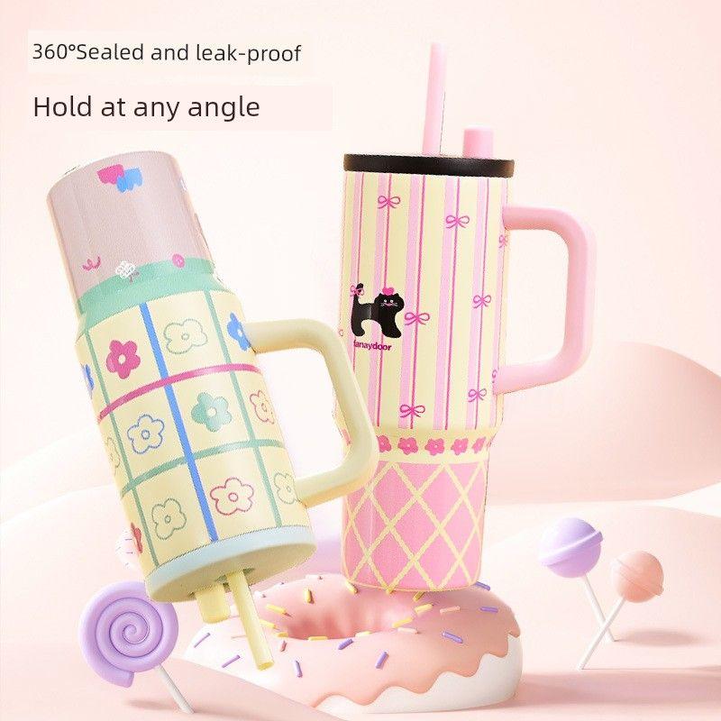 Large Capacity Thermos Cup for Women, Stylish Ice Cup, Cute Cartoon Portable Car Cup with Handle, Giant Straw Water Cup